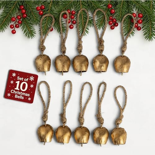 Mie Creations Set of 10 Rustic Vintage Cow Bells, Handmade Christmas Bells on Jute Rope, Decorati... | Amazon (US)