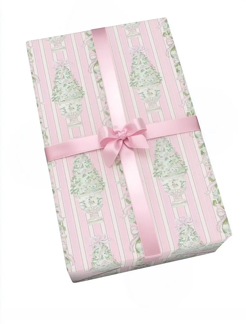 Christmas Gift Wrap Grand Millennial Chic Festive Present Pink Cute Wrapping Paper Roll Holiday G... | Etsy (US)