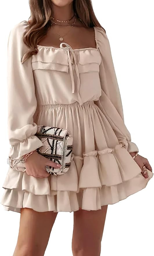 KIRUNDO Women’s Dresses 2022 Fall Long Flounce Sleeve Square Neck High Waist Ruffle Layered A L... | Amazon (US)