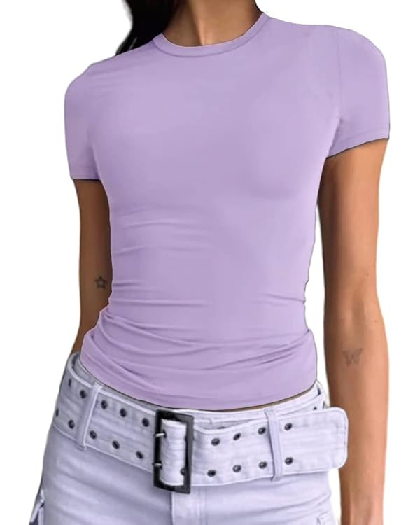 Abardsion Women's Casual Basic Going Out Crop Tops Slim Fit Short Sleeve Crew Neck Tight T Shirts | Amazon (US)