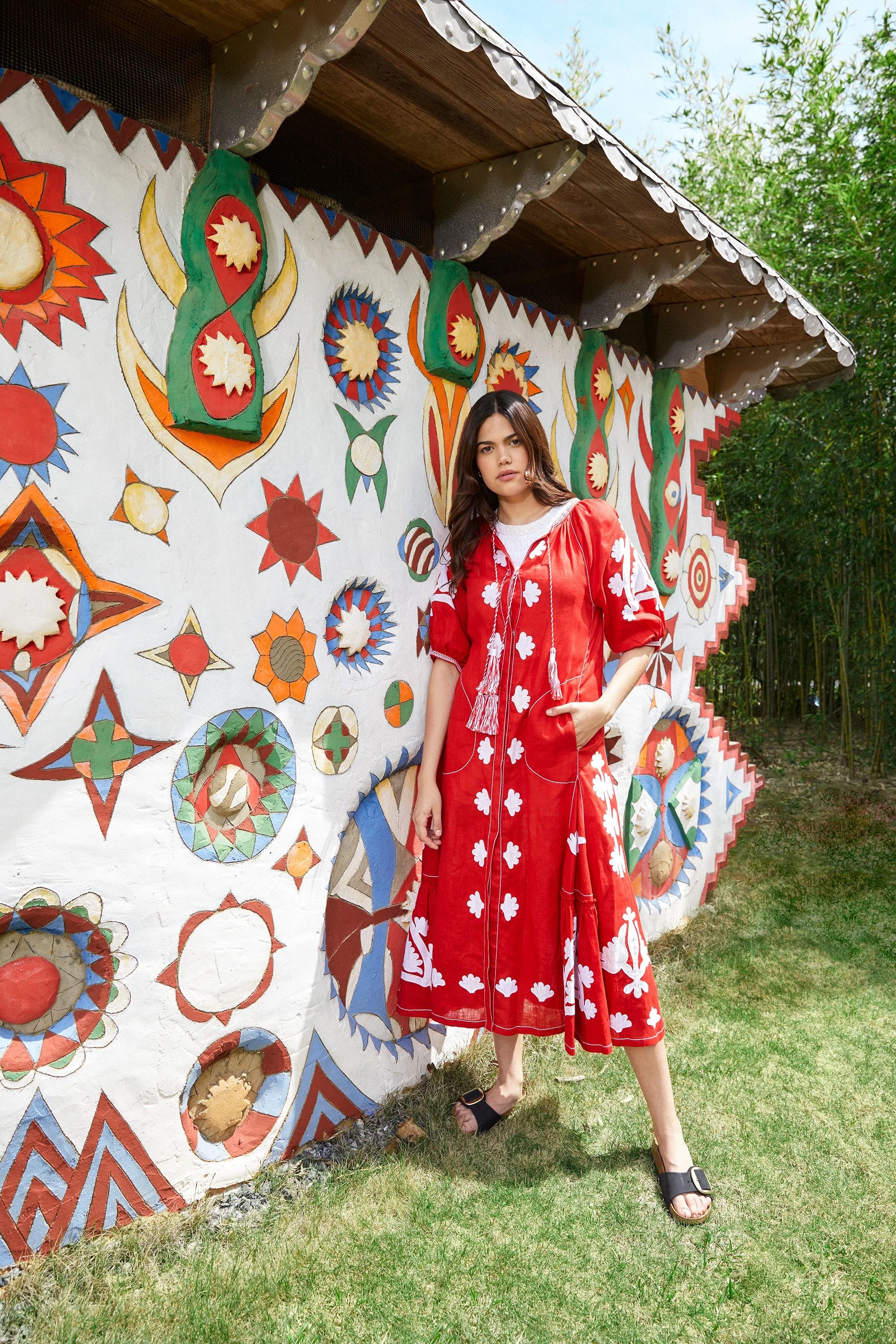 Matisse Embroidered Ukrainian Dress / Caftan  - Red, White by Larkin Lane | Support HerStory