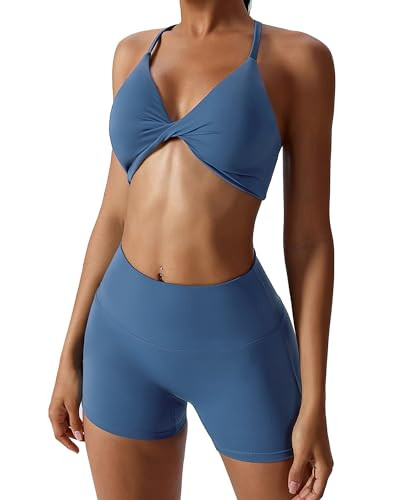 ABOCIW Workout Sets for Women 2 Piece Twist Front Cross Back Sports Bras Halter Yoga Bra Tummy Control High Waist Booty Biker Shorts Exercise Gym Sets Navy Blue X-Large | Amazon (US)