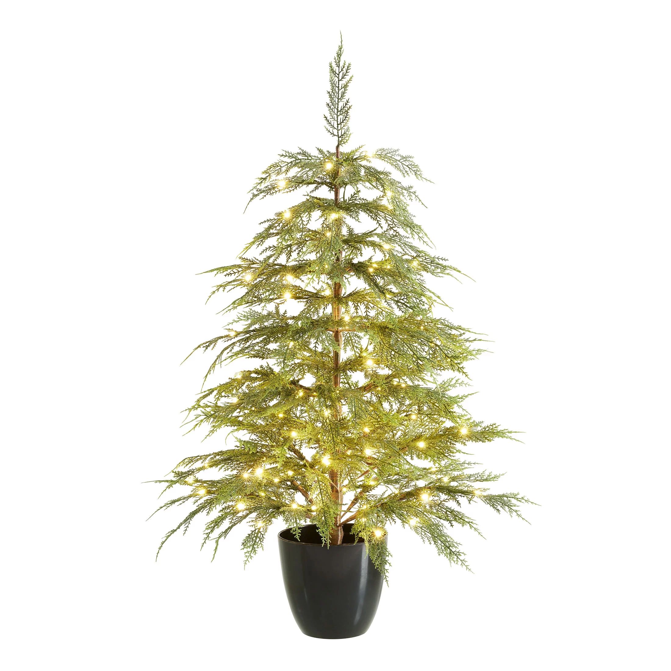 My Texas House Potted 4' Pre-Lit Cypress Artificial Christmas Tree, Green, 100 LED | Walmart (US)