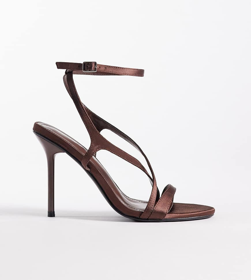 Public Desire Wide Fit Sheer heeled sandals in brown satin | ASOS (Global)