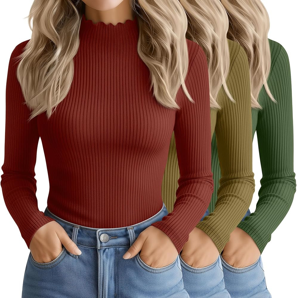 3 Pack Women's Cotton Long Sleeve Mock Turtleneck Tops Ribbed Lettuce Trim Slim Fit Shirts Therma... | Amazon (US)