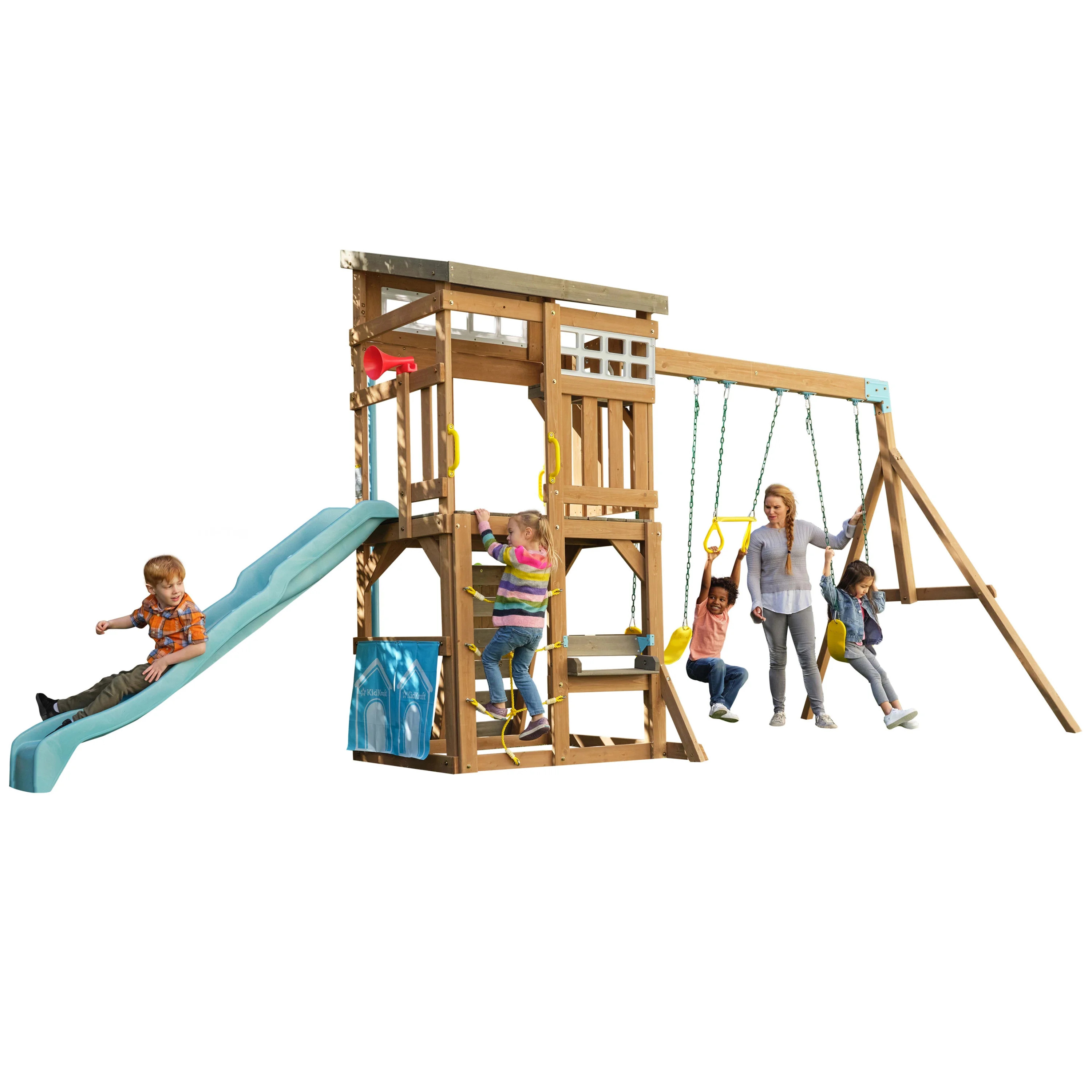 KidKraft Modern Wooden Outdoor Swing Set with Slide and Fireman's Pole - Walmart.com | Walmart (US)
