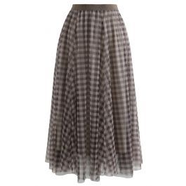 Gingham Double-Layered Mesh Tulle Midi Skirt in Brown | Chicwish