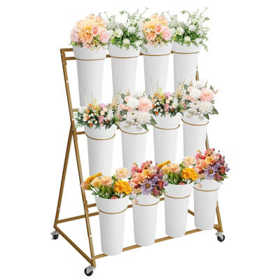 Flower Display Stand with 12 Buckets, 3 Tier Metal Flower Cart with Wheels, Outdoor Moving Flower Bar, Plant Shelf for Garden Wedding, Gold | Target