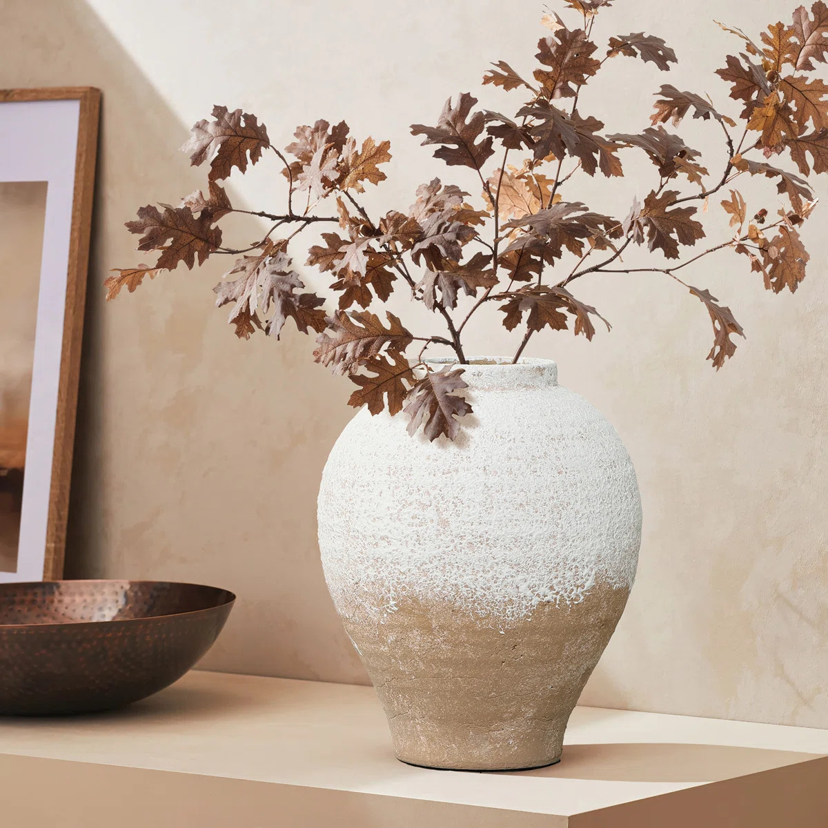 Rustic White & Brown Terracotta Vase, Vintage Wide-Body, Narrow-Mouth Accent | Wayfair North America