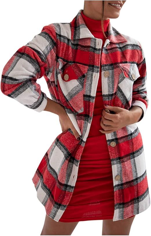 Fankle Women's Autumn and Winter Overcoat, Casual Plaid Lapel Woolen Button Up Pocketed Long Shac... | Amazon (US)