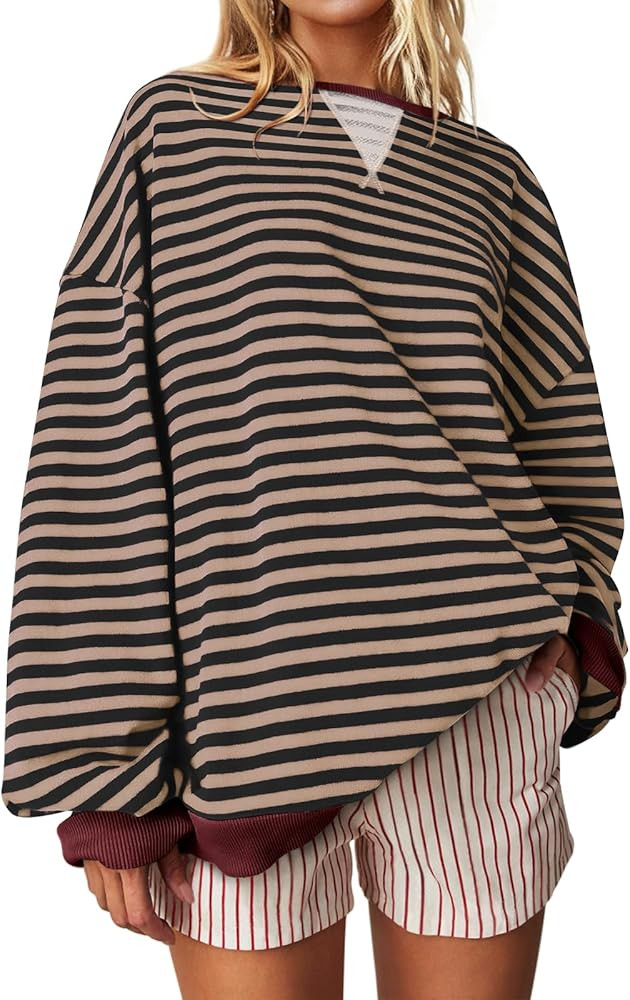 UEU Women Striped Oversized Sweatshirt Color Block Crewneck Long Sleeve Pullover Top Fashion Tren... | Amazon (US)