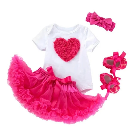 Toddler Girls Heart Embroidery Short Sleeve Romper Bodysuit Tutu Tulle Skirt Headband Socks Shoes Valentine S Day Outfit Set | Walmart (US)