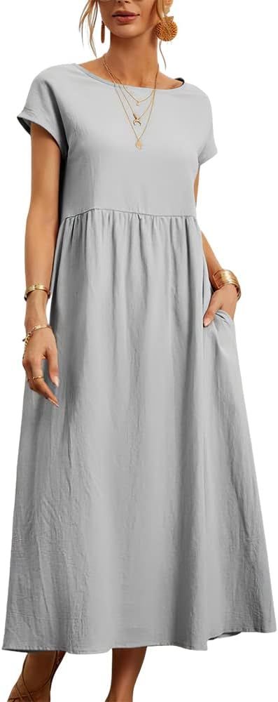 Akivide Women's Summer Cotton Linen Short Sleeve Dress Crew Neck Loose Casual Tunic Beach Dresses... | Amazon (US)