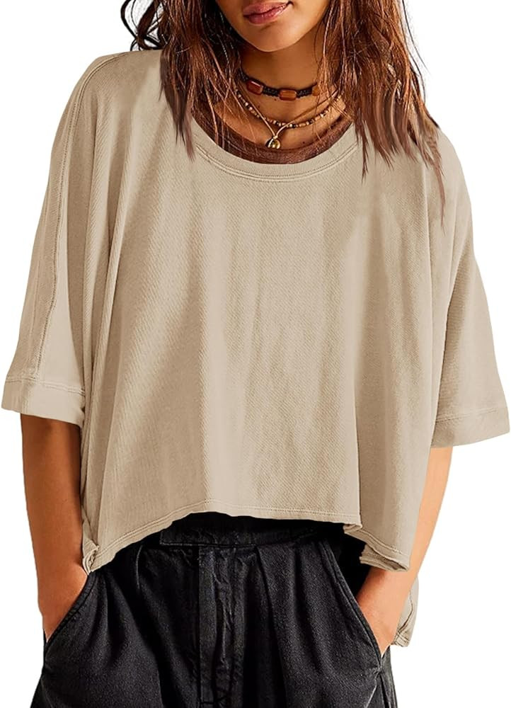 Tankaneo Womens Oversized T-Shirts Cropped Summer Casual Short Sleeve Loose Fit Tee Tops | Amazon (US)