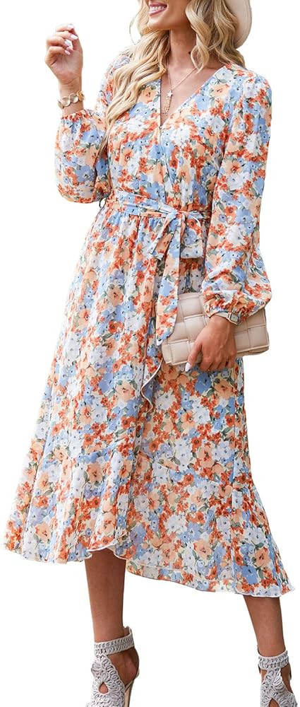 PRETTYGARDEN Women's Floral Print Boho Dress Long Sleeve Wrap V Neck Ruffle Belted A-Line Flowy M... | Amazon (US)