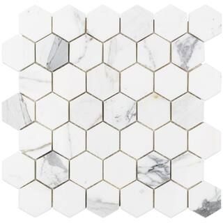 Hexagon Calacatta 3 in. x 6 in. x 10 mm Marble Mosaic Tile Sample | The Home Depot