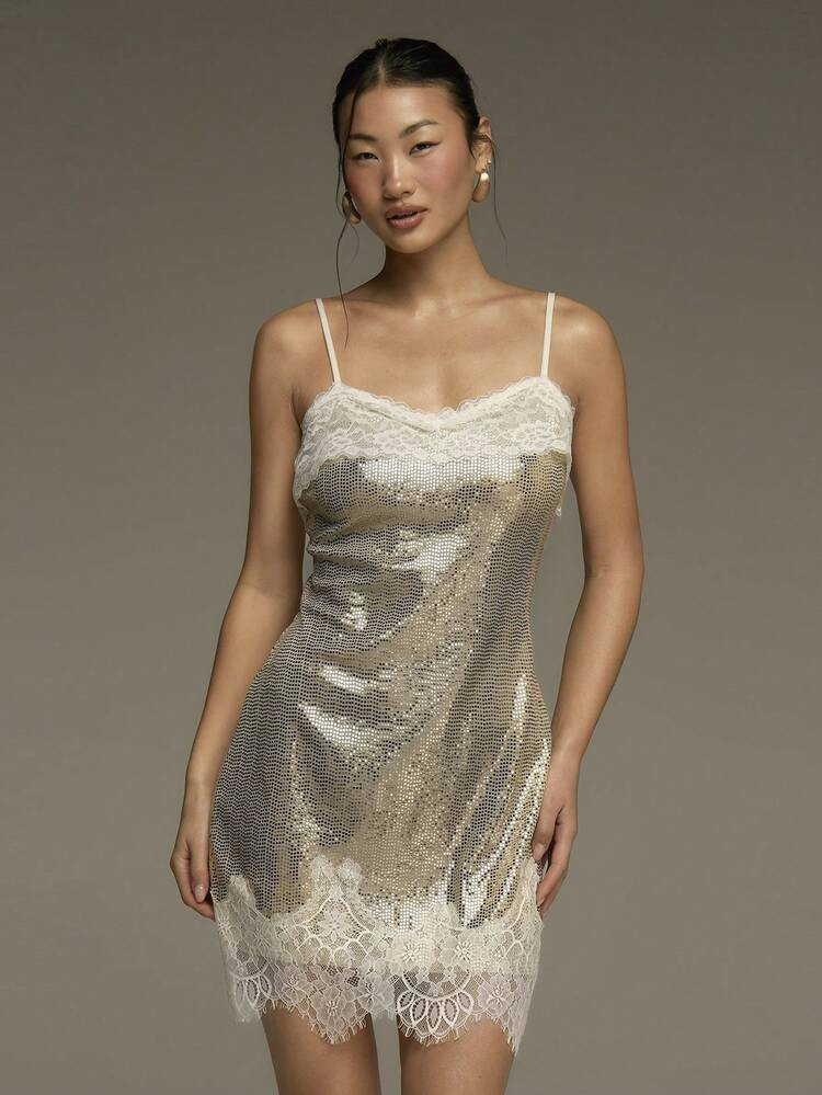 COSMINA Women's Mini Dress, Lace Patchwork Sequin Mini Dress, Summer Women's Matching, Wedding Guest Dress, Party Dress, Cocktail Dress, Date, Vacation Dress, Champagne Gold Dress | SHEIN