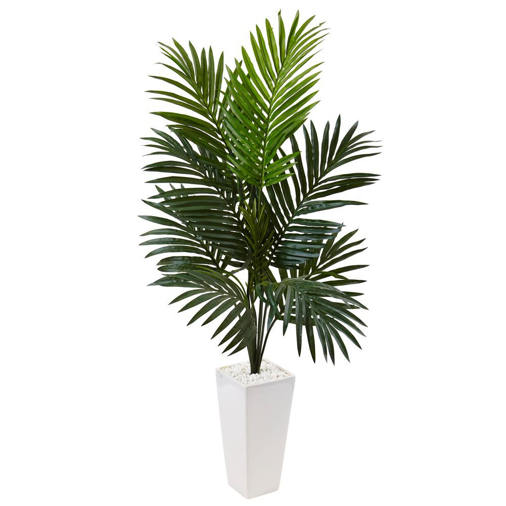 Nearly Natural Indoor Kentia Palm Artificial Tree in White Tower Planter | The Home Depot