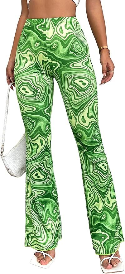 WDIRARA Women's Floral Print Elastic Waist Flare Leg Pants Stretchy Casual Long Pants | Amazon (US)