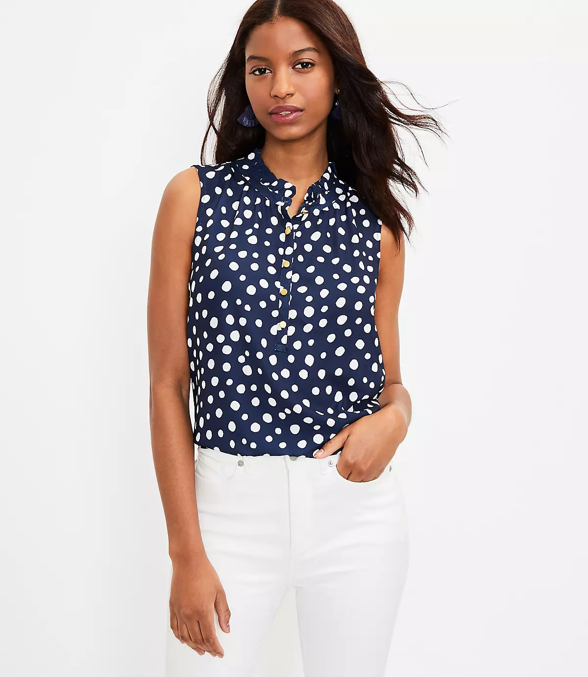 Petite Zoo Dot Ruffle Neck Mixed Media Shell | LOFT | LOFT