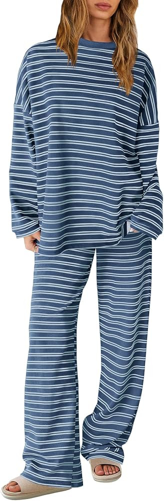 SENSERISE Womens Striped Lounge Set 2 Piece Outfits Striped Long Sleeve Shirt Wide Leg Pants Paja... | Amazon (US)
