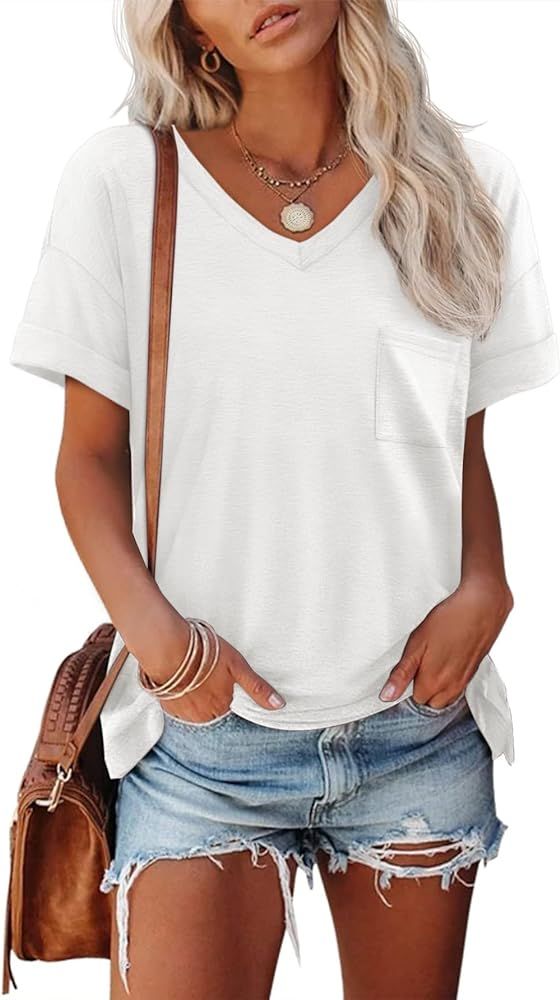 ATHMILE Womens T Shirts 2024 Short Sleeve V-Neck Shirts Cute Fit Summer Casual Tee Tops S-XXL | Amazon (US)