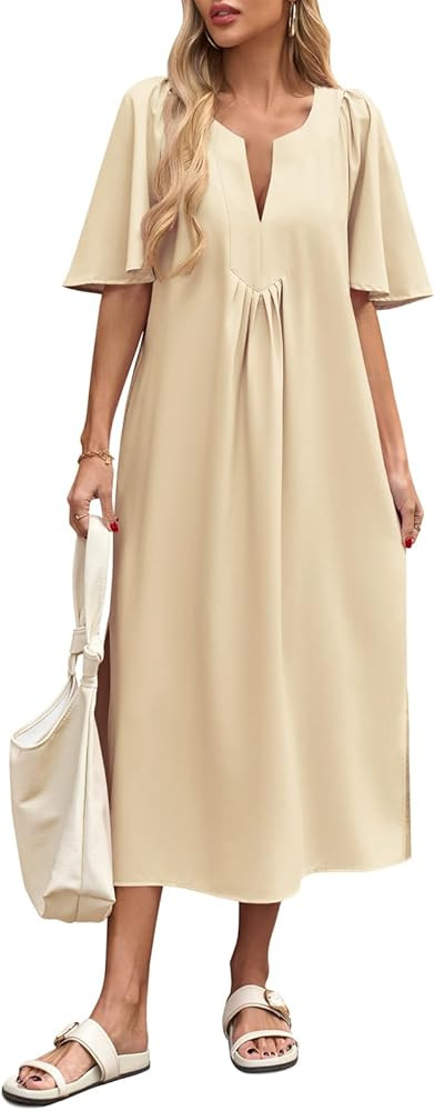 Wenrine Womens Flutter Short Sleeve Maxi Dress Casual V Neck Side Slit Pleated Loose Flowy Summer... | Amazon (US)