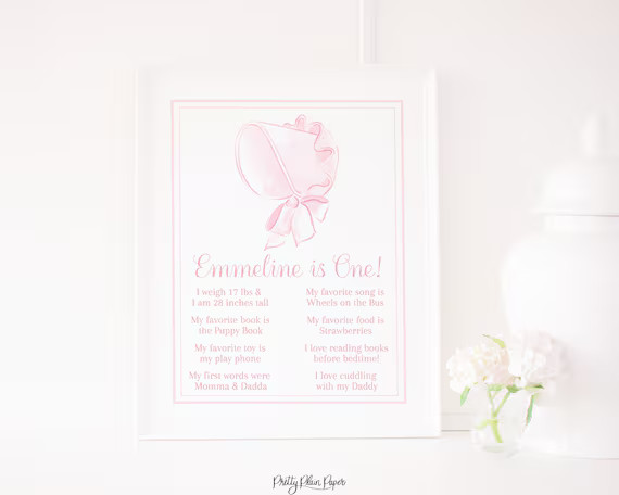 Watercolor Pink Bonnet 1st Birthday Sign 16x20  Printable  - Etsy | Etsy (US)