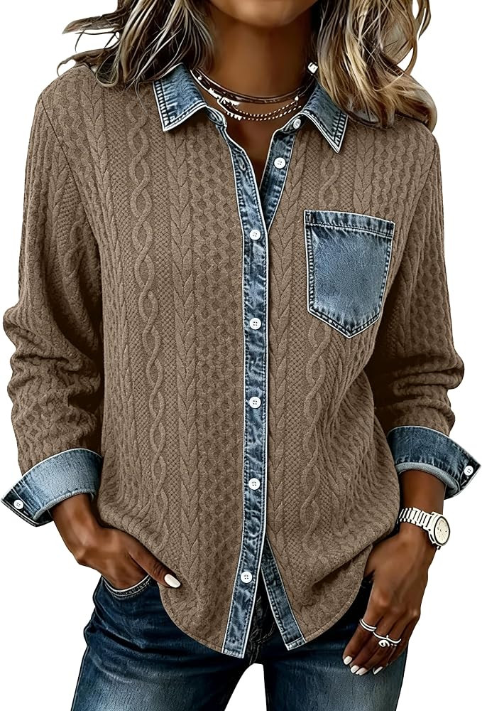 SAUKOLE Jean Patchwork Jacket 2026 Fall Denim Cable Knit Shacket | Amazon (US)