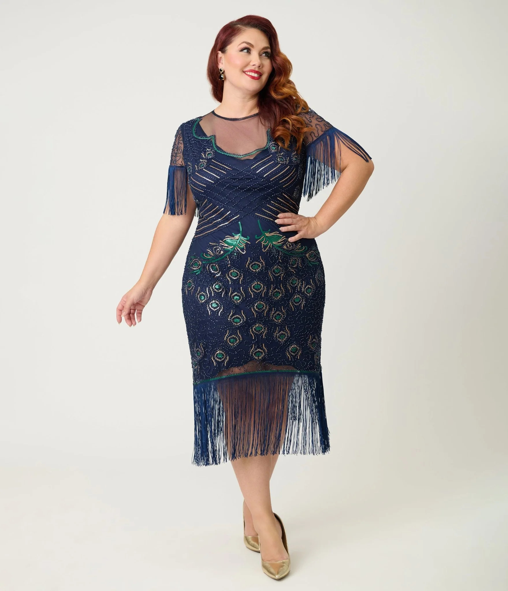 Unique Vintage Plus Size Navy & Green Peacock Beaded Nadine Fringe Fla | Unique Vintage - North America