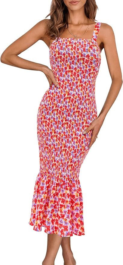 PRETTYGARDEN Women's Summer Floral Midi Tank Dress Sleeveless Strappy Ruffle Hem Smocked Bodycon ... | Amazon (US)