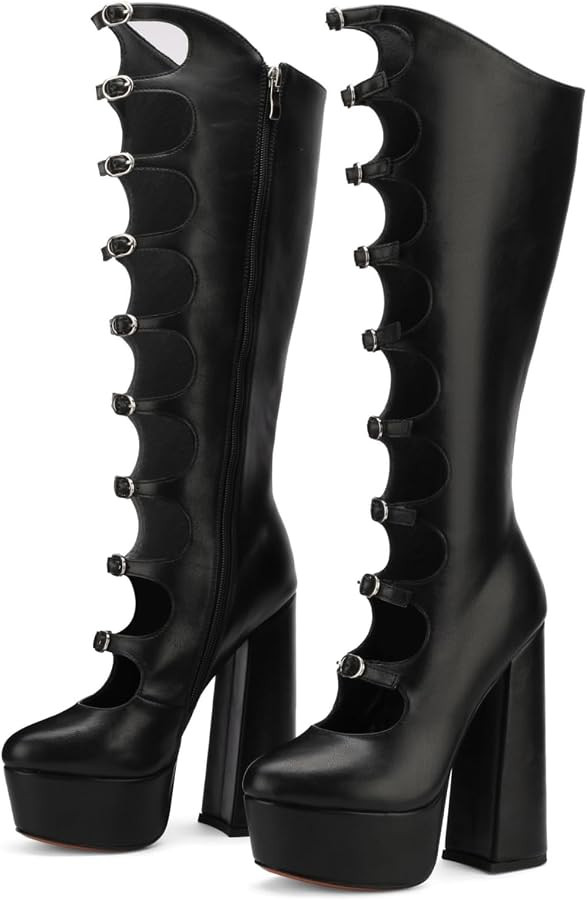FancyQueen Gothic Boots for Women Knee High Chunky Platform Boots Black Lolita Buckle Block Heels... | Amazon (US)