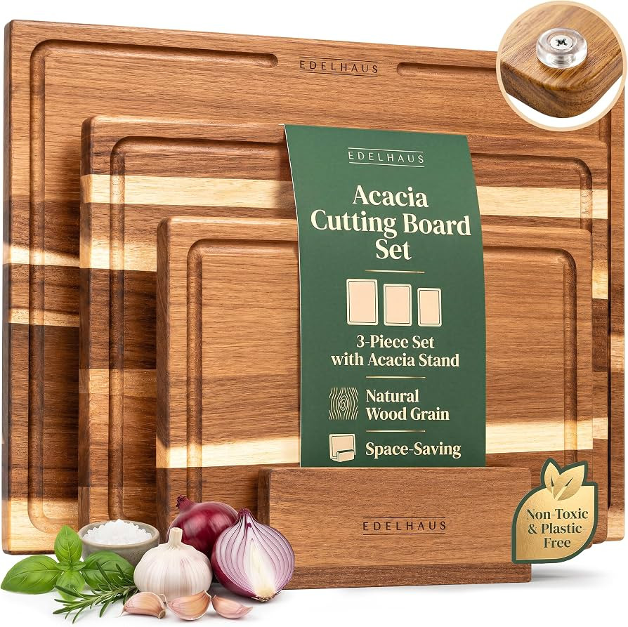 EDELHAUS Acacia Wood Cutting Boards for Kitchen Set of 3, Juice Groove | Amazon (US)