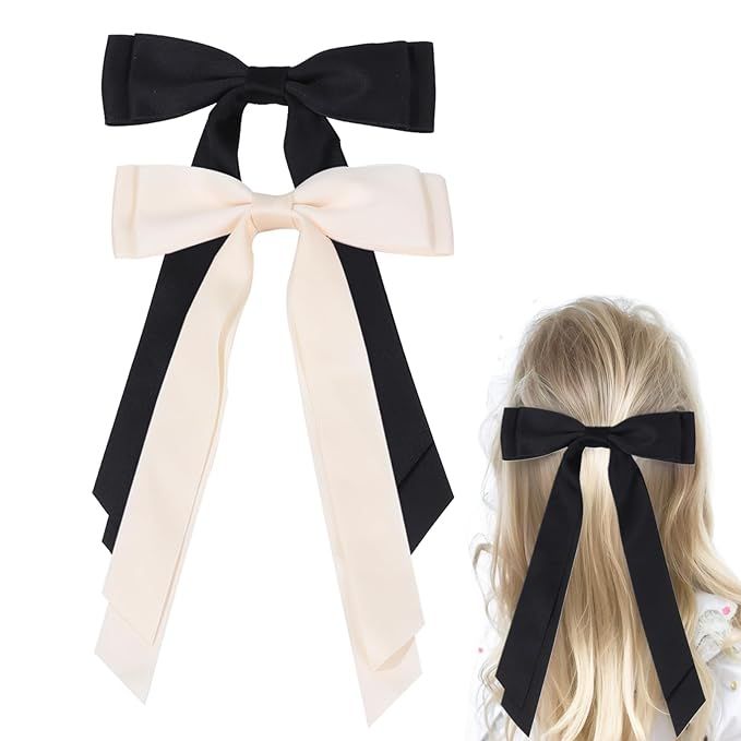 Satin Bow Hair Clips for Women, Silkly Satin Black Beige Hair Ribbon Bow with Long Tail Hair Acce... | Amazon (US)