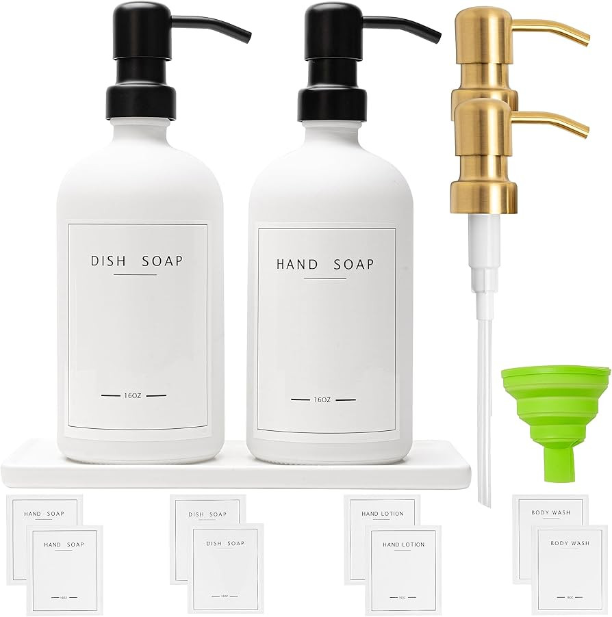 Glass Soap Dispenser Set with Ceramic Tray - Kitchen Soap Dispenser Set - Soap Dispenser for Bathroo | Amazon (US)