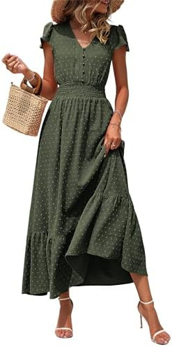 PRETTYGARDEN Womens Dresses 2026 Summer Maxi Dress Boho Short Sleeve V Neck Swiss Dot Ruffle Tier... | Amazon (US)