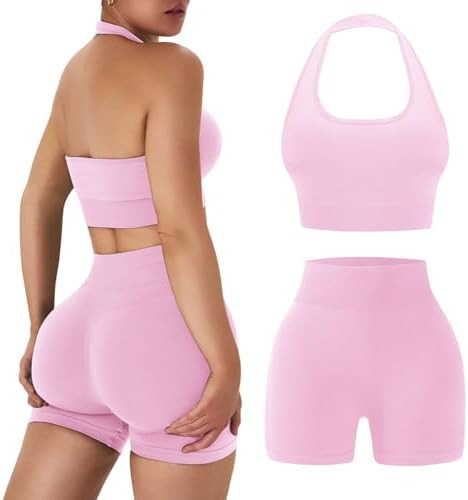 OLCHEE Workout Sets for Women 2 Piece Backless Halter Sports Bra High Waist Booty Shorts Yoga Gym... | Amazon (US)