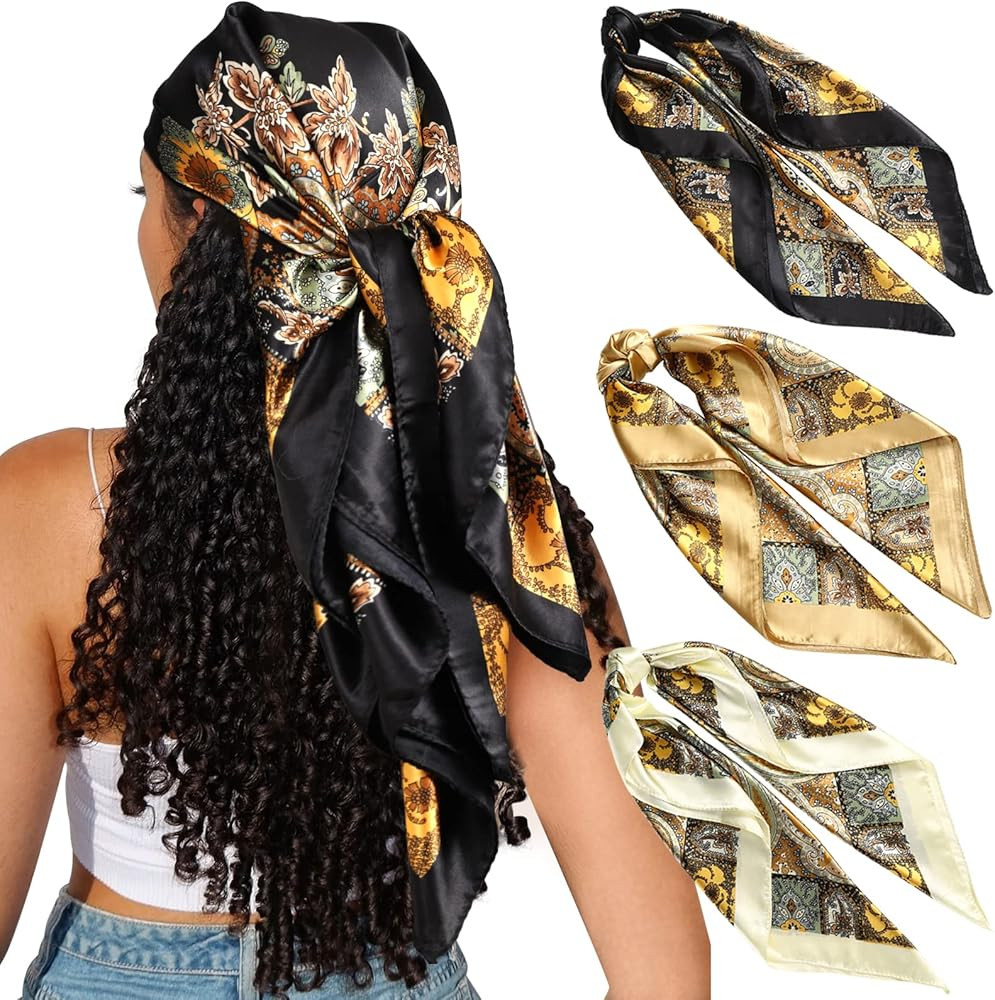 CHLINS 35" Satin Square Hair Scarf Bandanas 3Pcs Large Silk Head Scarves Lightweight Satin Hair K... | Amazon (US)