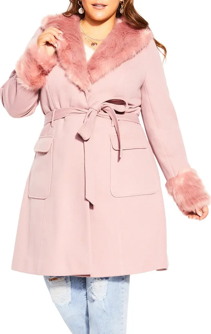 Make Me Blush Belted Coat with Faux Fur Trim | Nordstrom