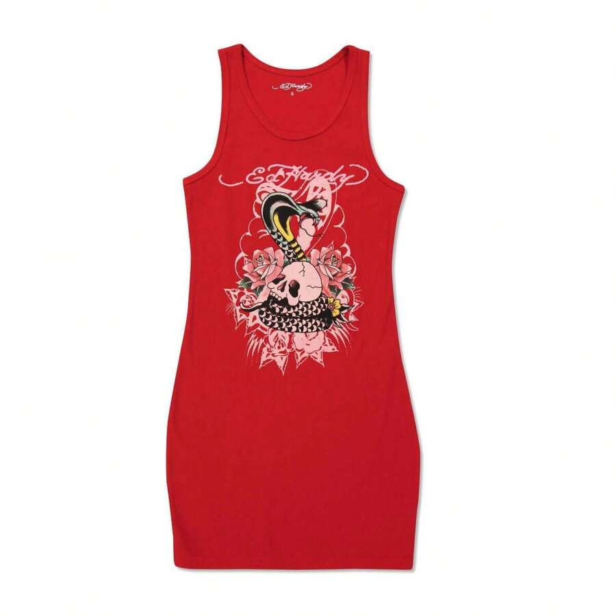 Ed Hardy Cobra Rib Tank Dress In Red | SHEIN