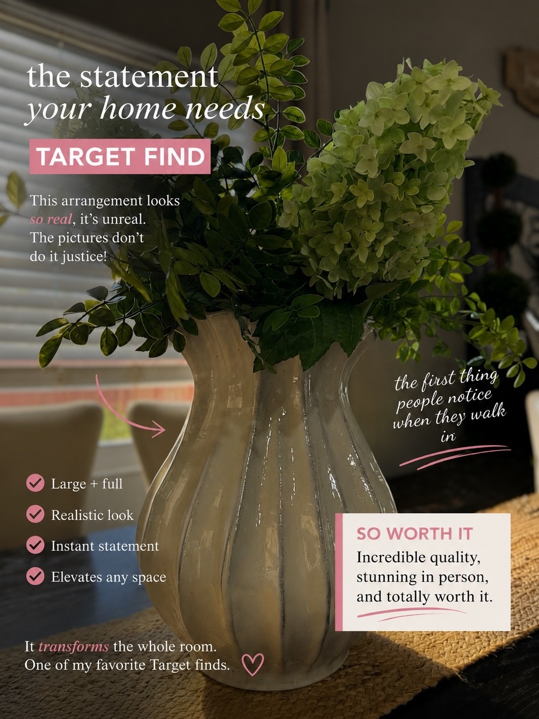 This faux arrangement is too good 🤌🏼
I used three of the faux hydrangea picks and two of the green foliage branches. It came out soooo good. It is very large but literally is a statement as soon as you walk in the room 
#TargetHome #HomeDecor #Target #TargetHomeDecor #Home #HomeFinds￼

#LTKHome #LTKSeasonal #LTKOver40