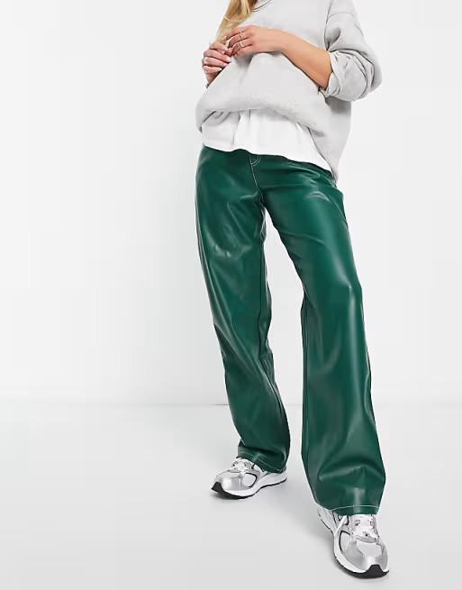 ASOS DESIGN leather look minimal cargo pants in green with contrast stitch | ASOS (Global)