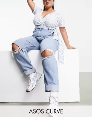 ASOS DESIGN Curve high rise slouchy mom jeans in stonewash with rips | ASOS (Global)