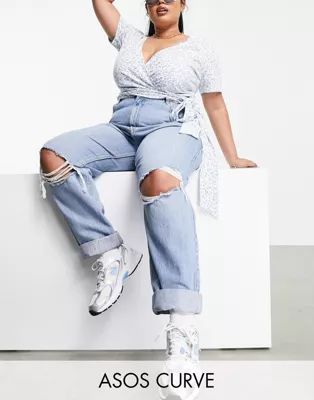 ASOS DESIGN Curve high rise slouchy mom jeans in stonewash with rips | ASOS (Global)