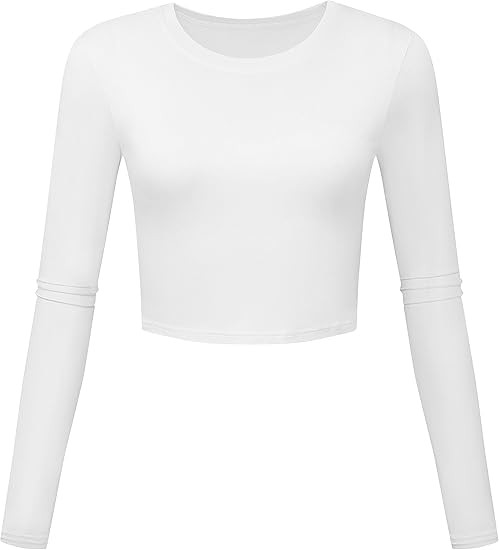Round Neck Crop Tops Slim Fit Basic Long Sleeve Workout Shirts for Women | Amazon (US)