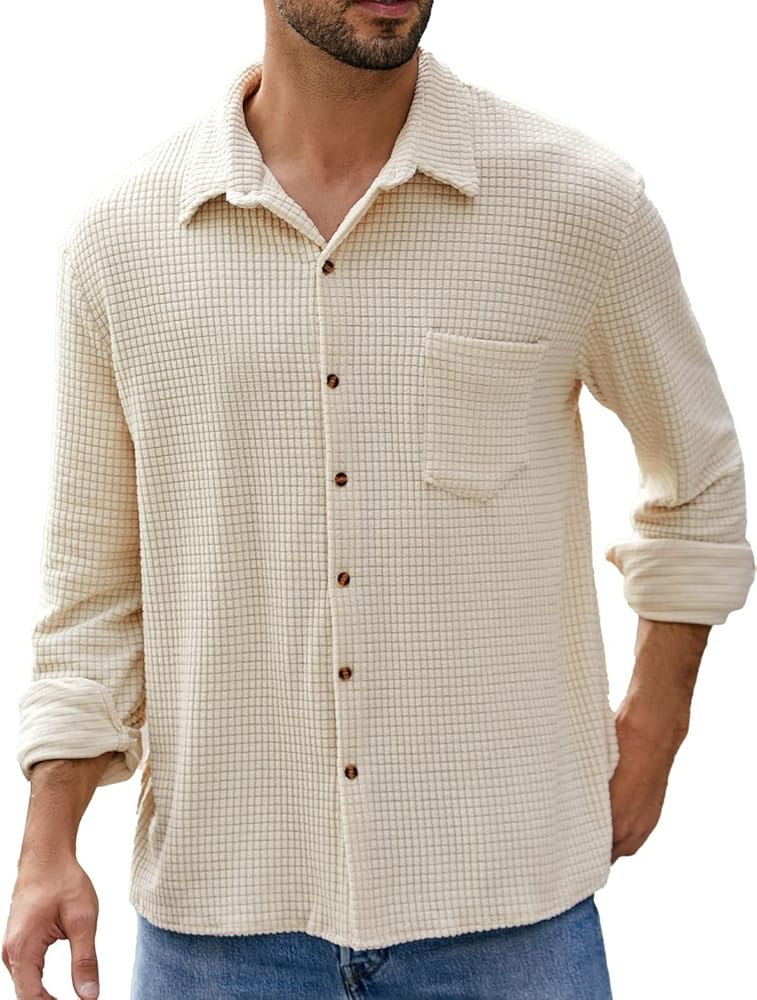 PAODIKUAI Men's Retro Short Sleeve Corduroy Shirt Casual Button Down Shirts | Amazon (US)