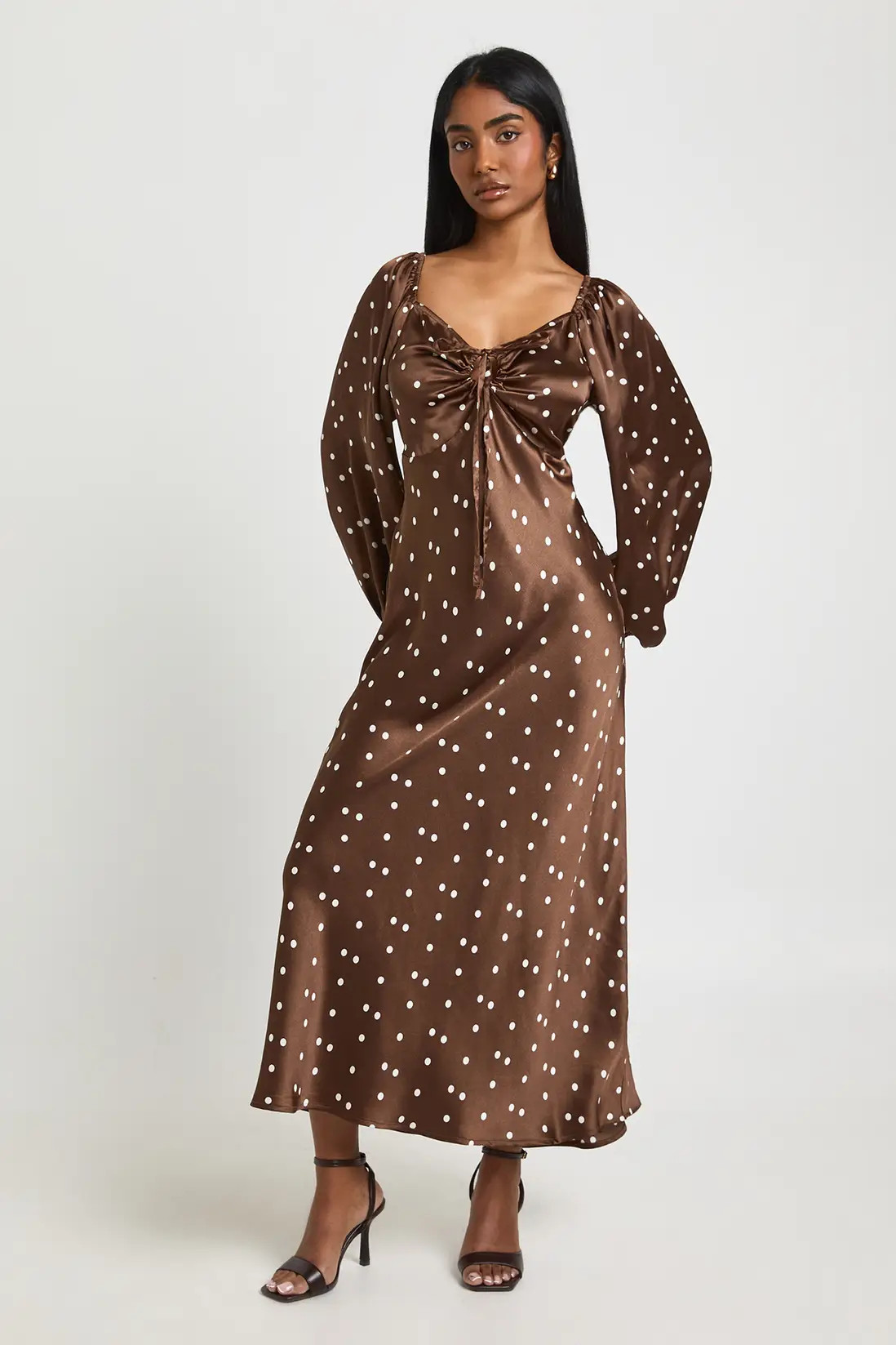 Chocolate Polka Dot Volume Sleeve Satin Midaxi Dress | Boohoo | Boohoo.com (UK & IE)