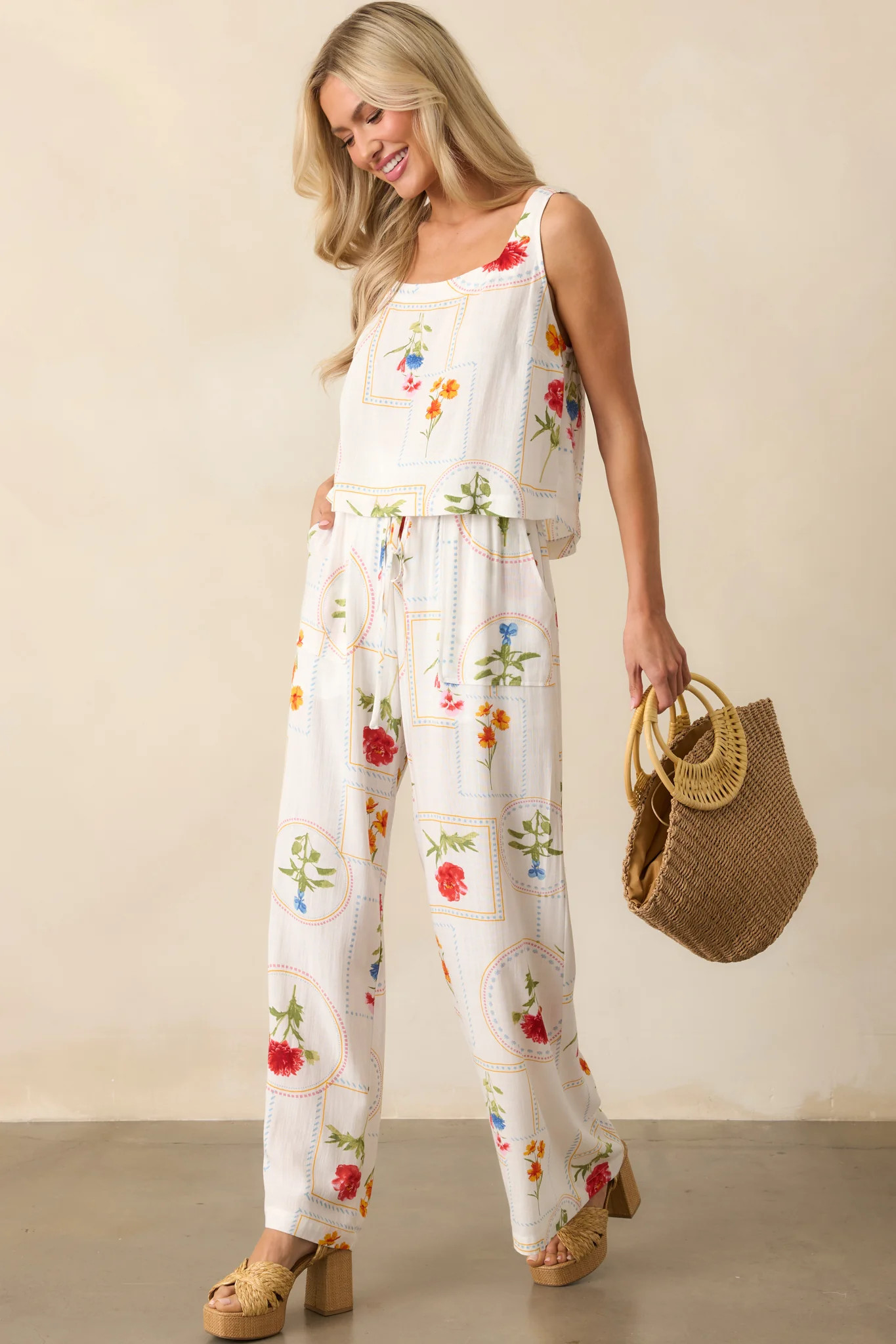 Where Sunlight Stays Ivory Floral Patchwork Wide Leg Pants | Red Dress
