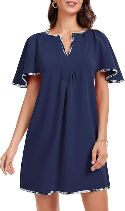 HOULENGS Women's Summer Flutter Short Sleeve A Line Mini Dress Casual Contrast Trim V Neck Short ... | Amazon (US)