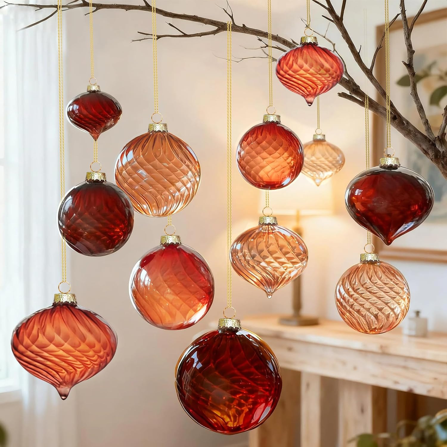 Brown Glass Christmas Ornaments, 12-Pc Vintage Ball & Onion Shapes for Tree | Amazon (US)
